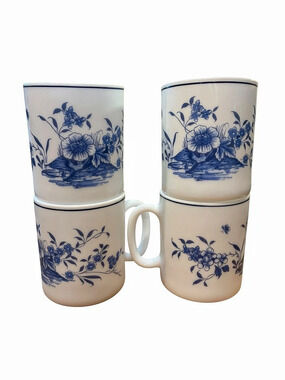 4 Vintage Arcopal France Blue and White Floral Mug Milk Glass